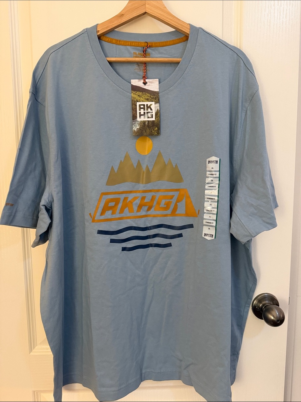 Duluth Trading Co Light Blue Graphic Short-Sleeve Tee with Mustard Accent.